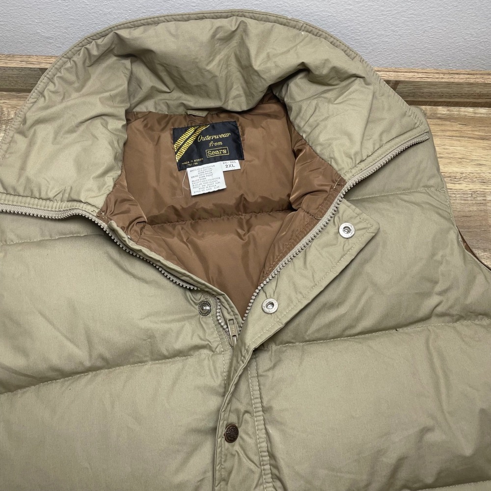 Vintage 80's Sears Puffer Vest Mens 2XL Big Tall Tan Down Filled Quilted Winter
